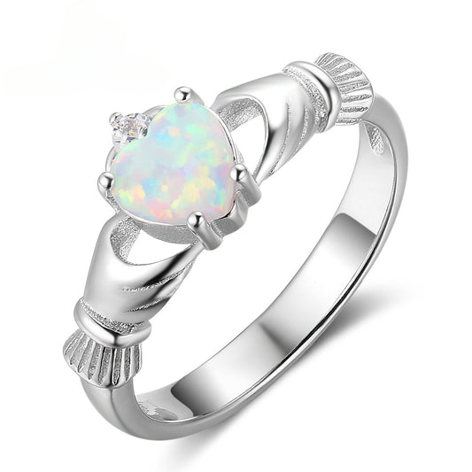 Creative Hand Holding Heart Shape Opal Sterling Silver Ring