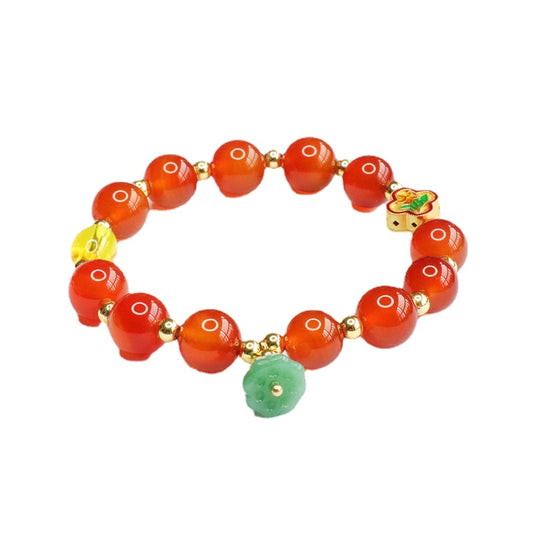 Red Agate and Jade Lotus Tassel Bracelet with Colorful Chalcedony
