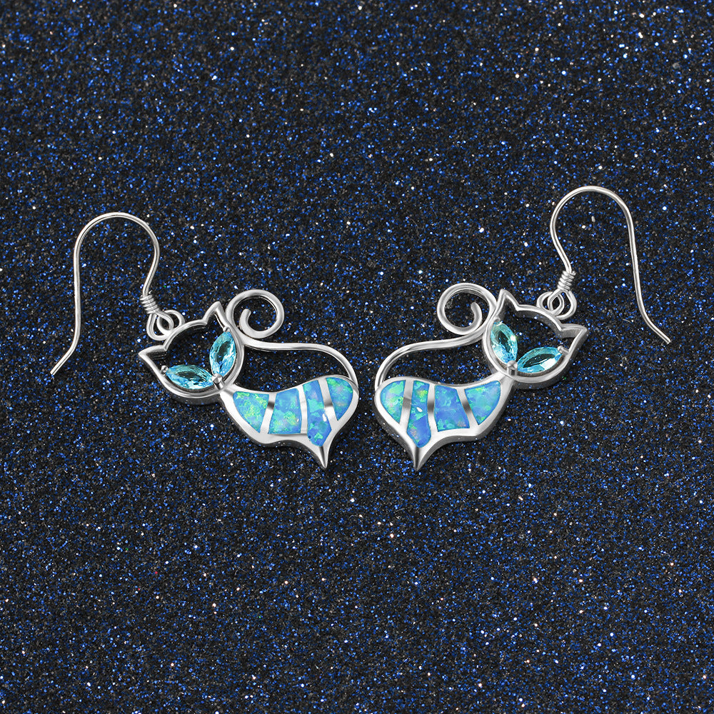 Blue Opal Marquise Shape Blue Zircon Cute Cat Pendant Sterling Silver Drop Earrings
