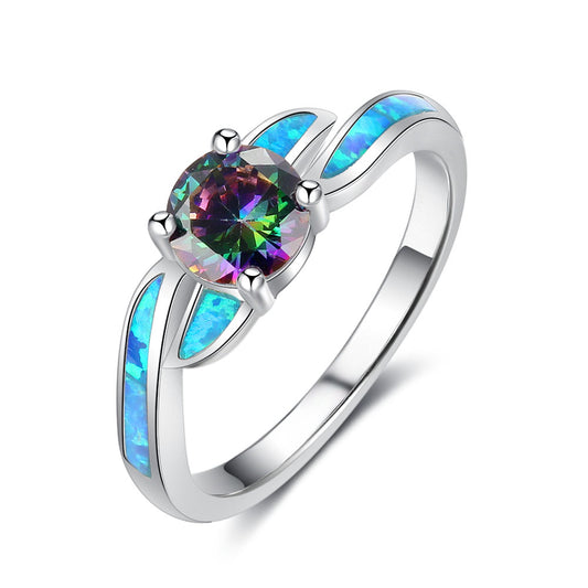 Colourful Round Zircon Blue Opal Sterling Silver Ring