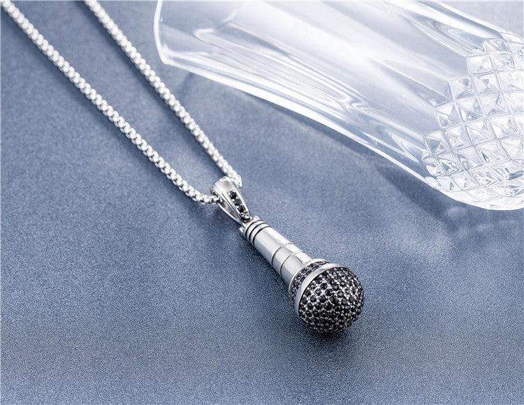 Titanium Steel Microphone Pendant Necklace With Zircon Inlay Planderful Hip Hop Streetwear For Men And Unisex Fans