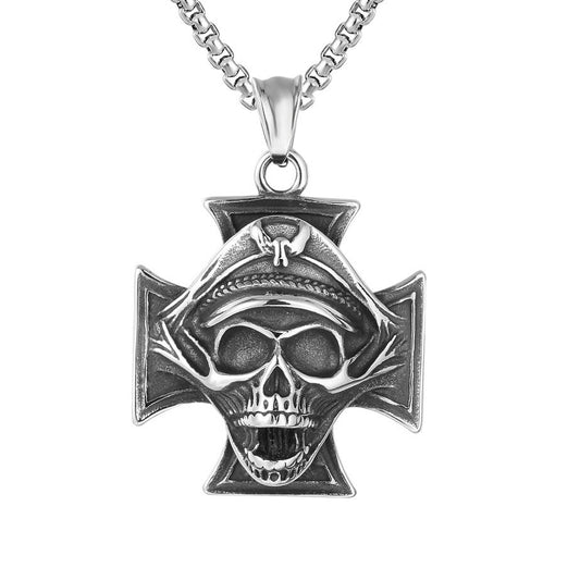 Halloween Police Skull Cross Titanium Steel Necklace for Men