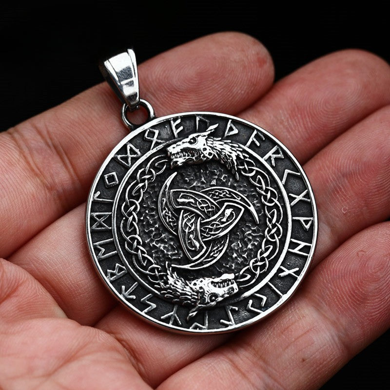 Nordic Viking Double Wolf Celtic Knot Stainless Steel Men's Pendant