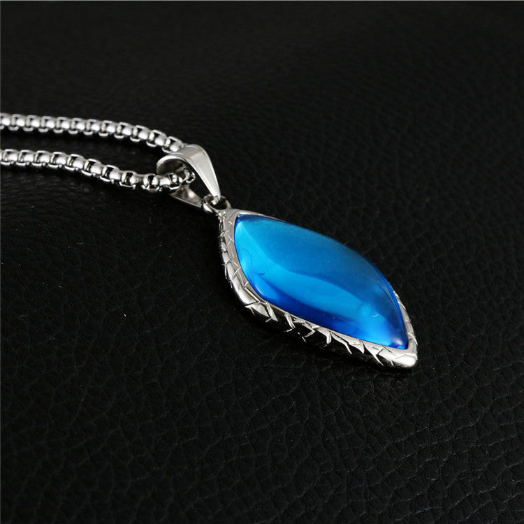 Trendy Titanium Steel Rhombus Pendant Necklace with Blue Gemstone for Men and Women