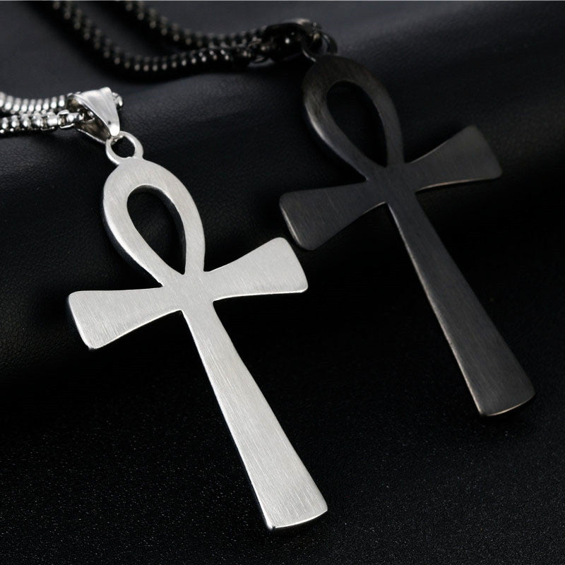 Titanium Steel Cross Pendant Necklace with Ancient Egyptian Amulet Design for Men and Women