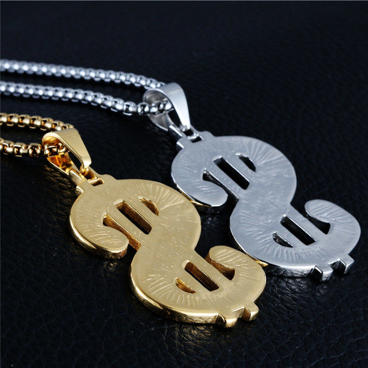 Trendy Titanium Steel Dollar Symbol Pendant Necklace for Men and Women with Full Zircon Accents