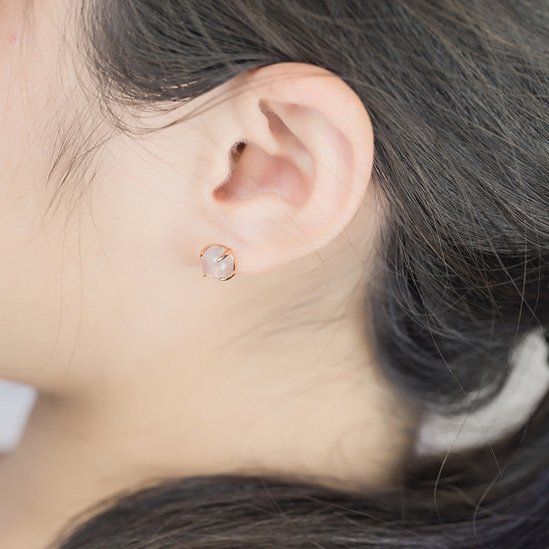 Solitaire Round Shape Pink Crystal Silver Stud Earrings