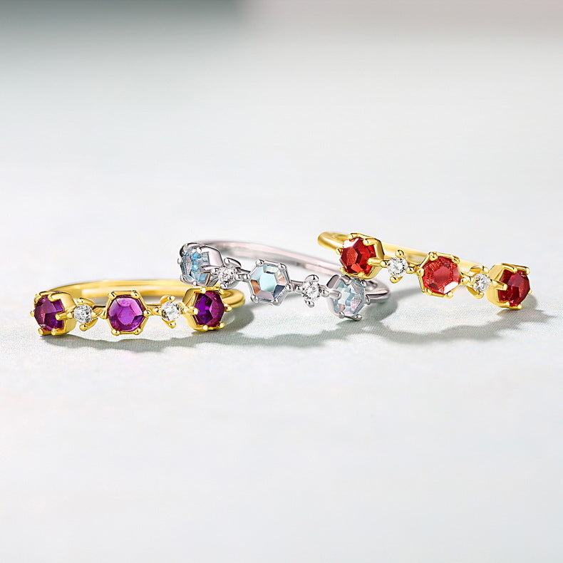 Hexagonal Gemstone Zircon Opening Sterling Silver Ring