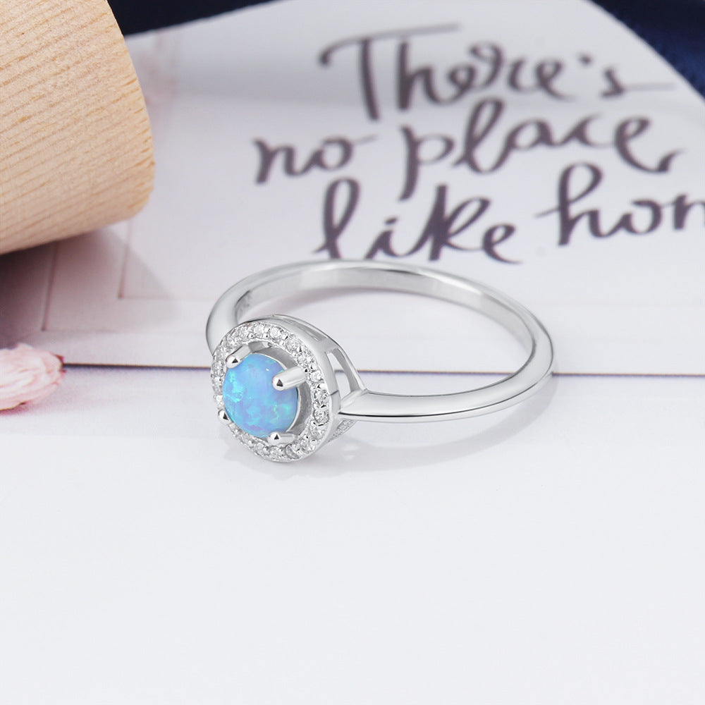 Round Blue Opal Zircon Soleste Halo Sterling Silver Ring