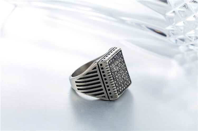 Exclusive Square Zircon Inlaid Black Titanium Steel Men's Ring