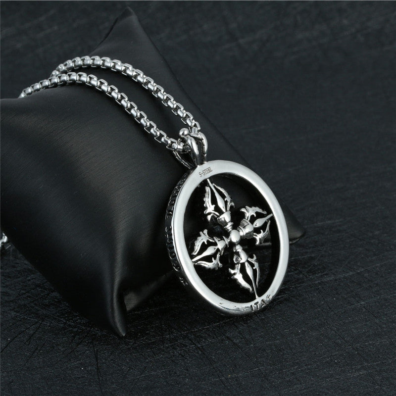Cross-Border Vintage Titanium Steel Round Pendant for Trendy Men - Personalized Stainless Steel Cross Pestle Design