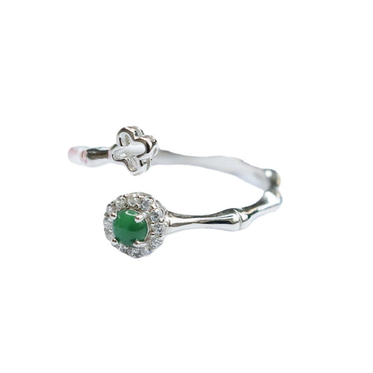 Exquisite S925 Sterling Silver Ice Green Jade Clover Ring