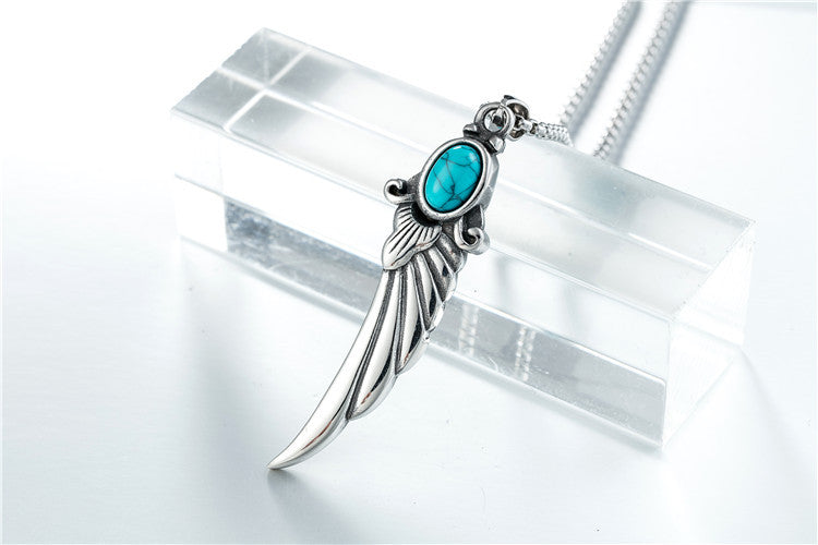 Planderful Retro Turquoise Feathered Wings Pendant Necklace Titanium Steel Unisex Protection Statement