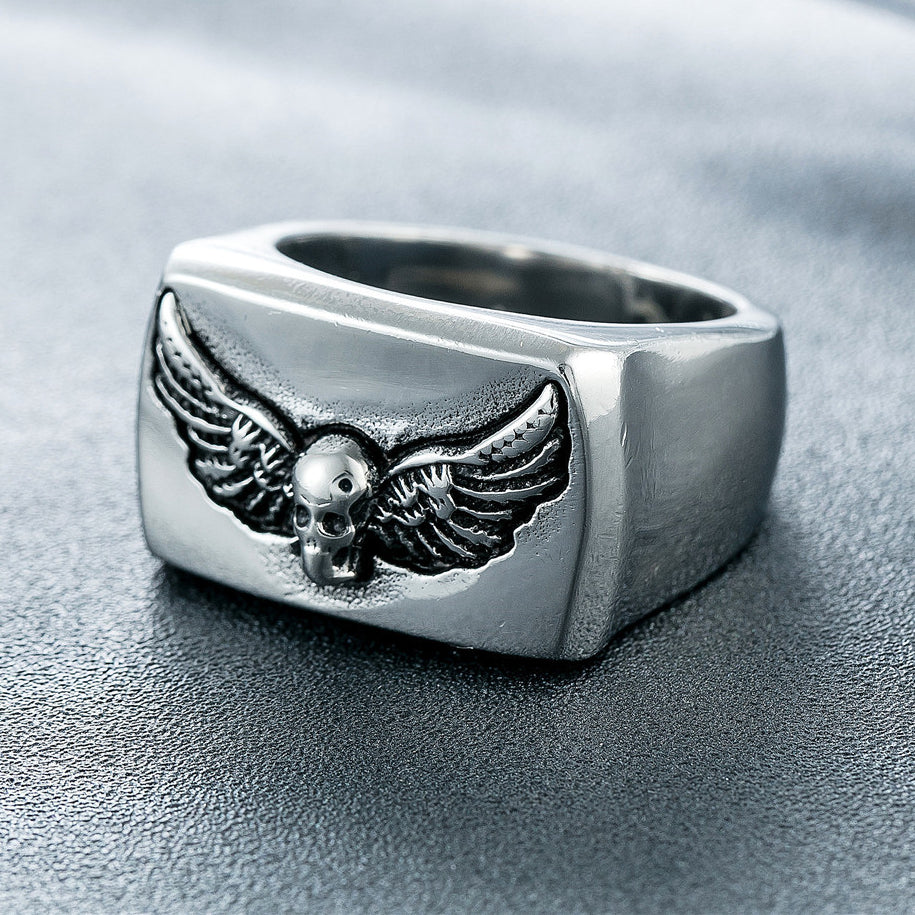 Halloween Skull Wings Rectangle Titanium Steel Ring for Men