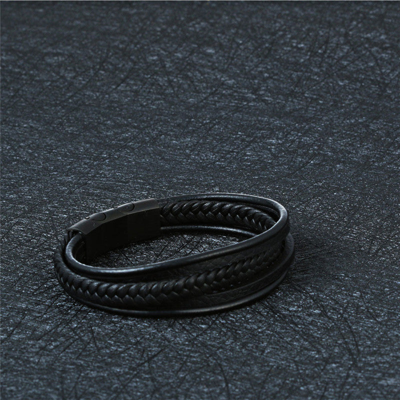 Titanium Steel Handcrafted Multi-layer Leather Bracelet for Men with Retro Magnetic Closure
