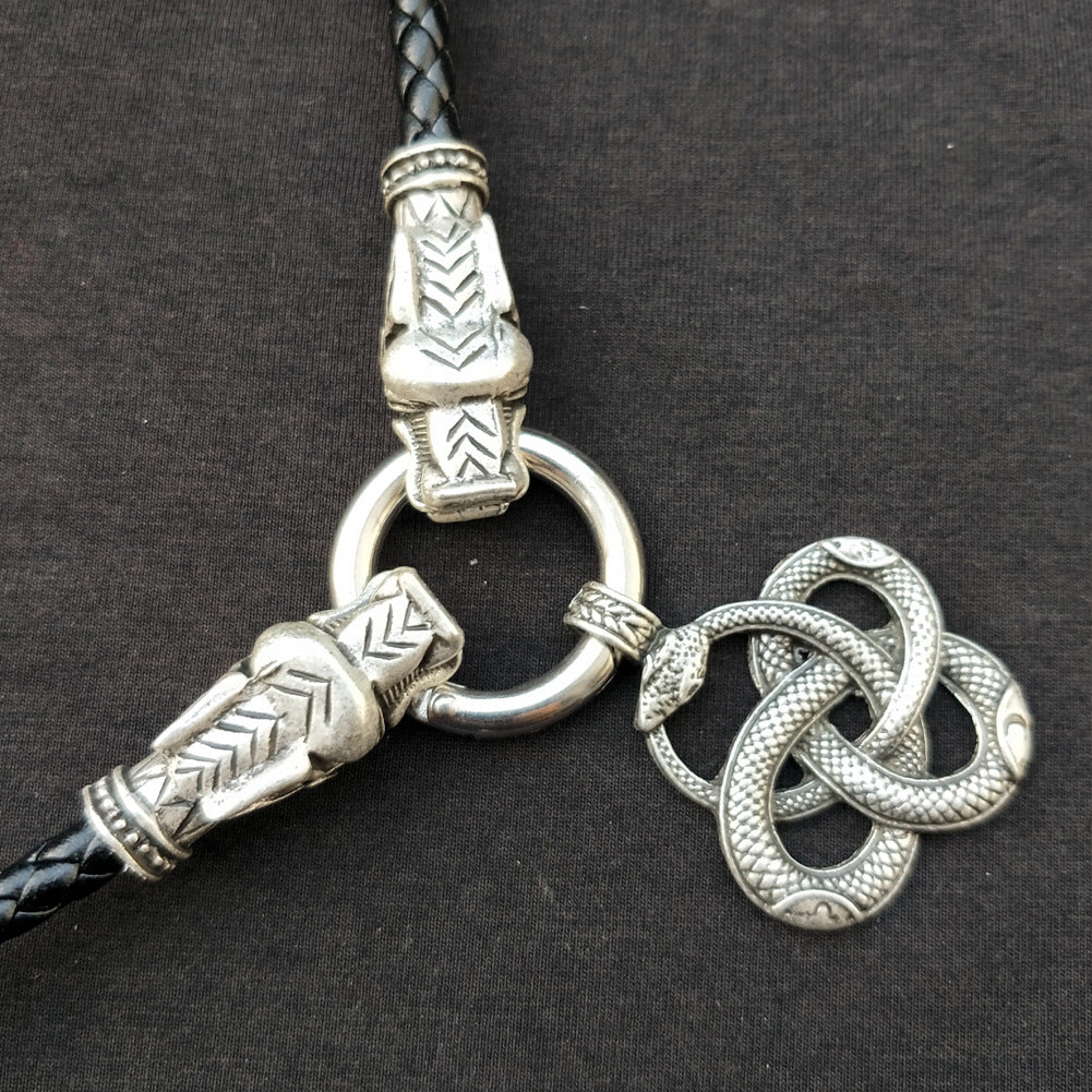 Norse Legacy Metal Viking Rune Pendant Necklace with Wolf and Snake Detail