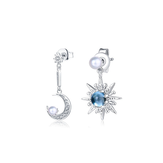 Blue Topaz Star Moon Pearl Zircon Asymmetric Sterling Silver Drop Earrings
