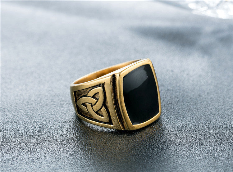 Planderful Viking Triangle Ring Black Dripping Oil Titanium Steel Unisex Punk Jewelry For Men And Women