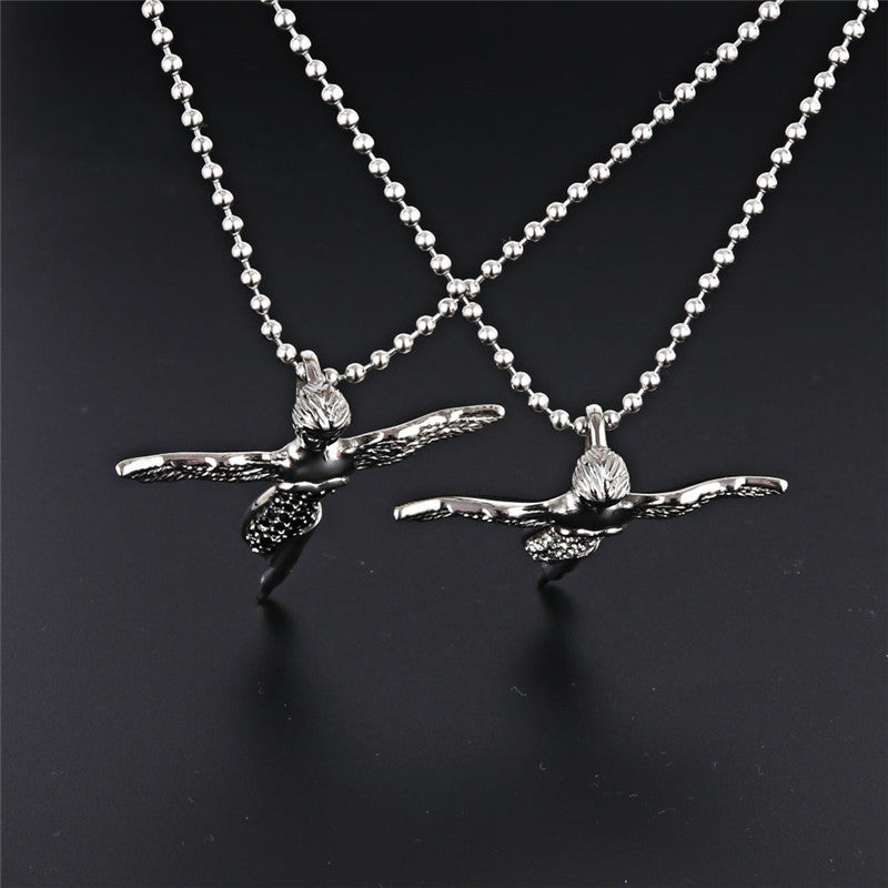 Trendy Titanium Steel Angel Pendant Necklace with Black and White Zircon - Stylish Women's Gift