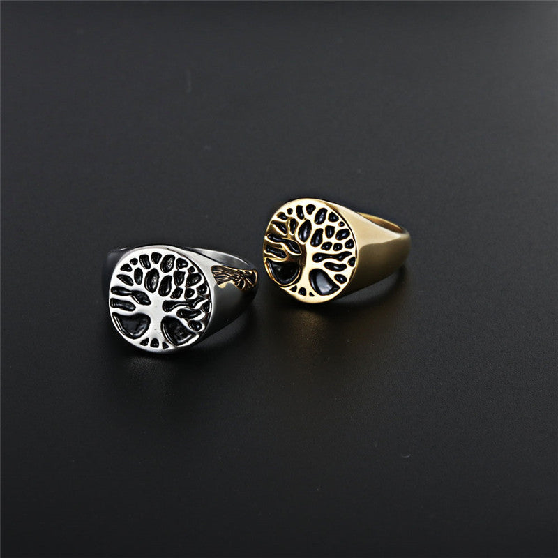 Punk-Inspired Titanium Steel Tree of Life Ring for Men - A Bold Statement of Strength and Style