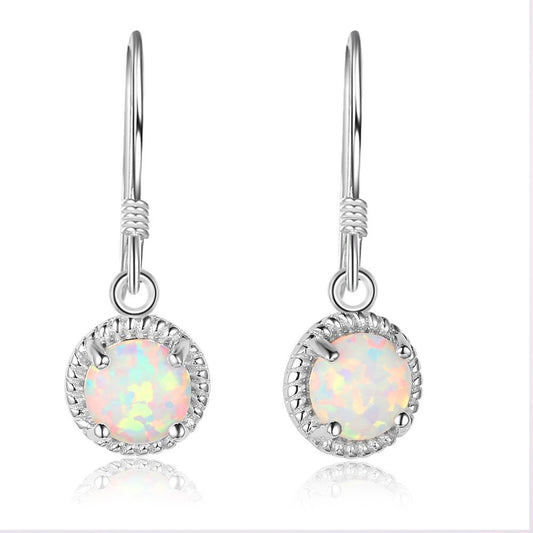 Round Opal Woven Edge Sterling Silver Hook Earrings