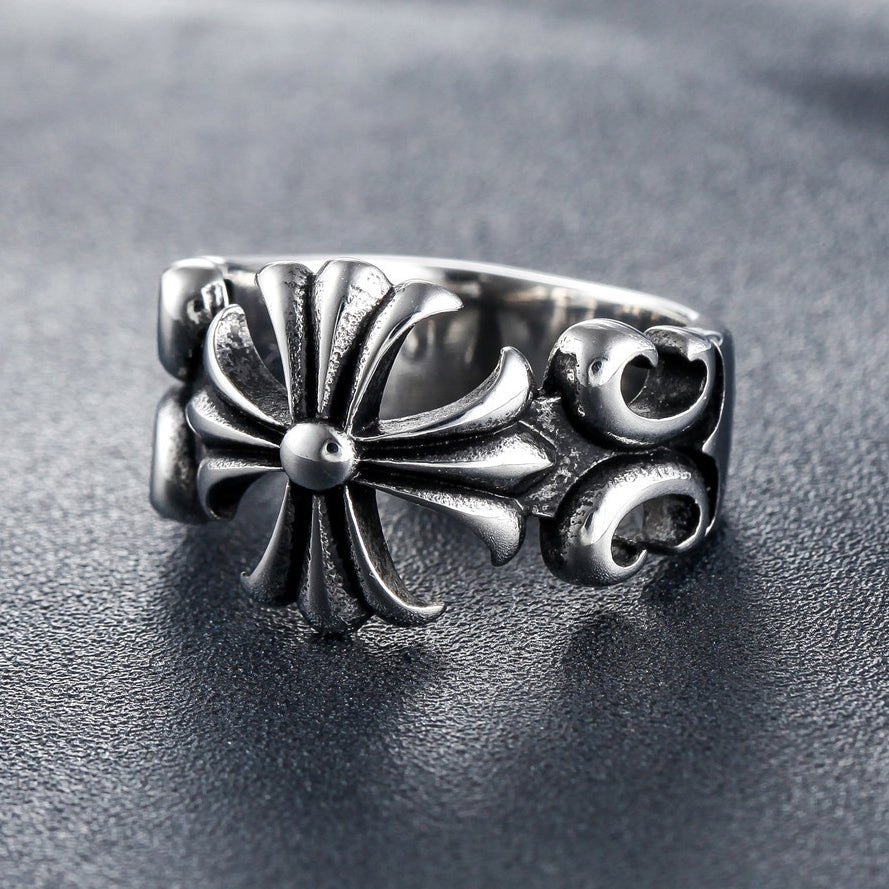Vintage Cross Flower Titanium Steel Ring for Men