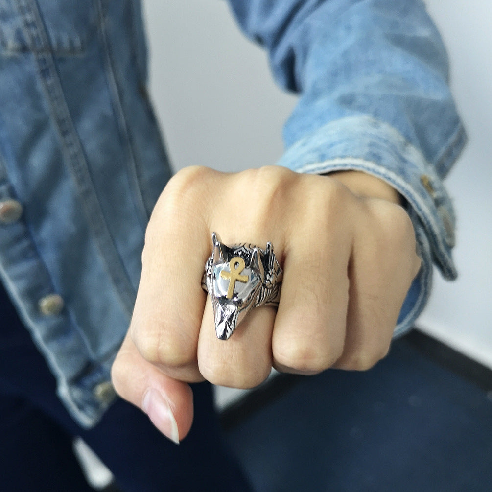 Planderful Anubis Ring Durable Titanium Steel Jackal Head Retro Hip Hop Punk Style For Streetwear Fans Sizes 7 To 12