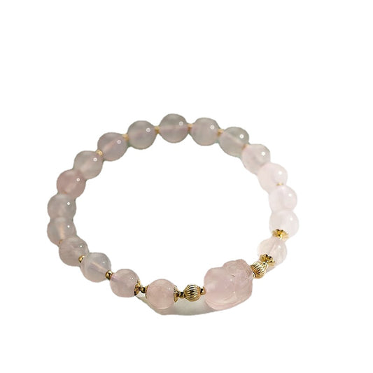 Pink Crystal Pixiu Fortune Bracelet for Women - Sterling Silver Transport Beads Tiger Eye Peach Blossom Jewelry Gift for Girlfriend