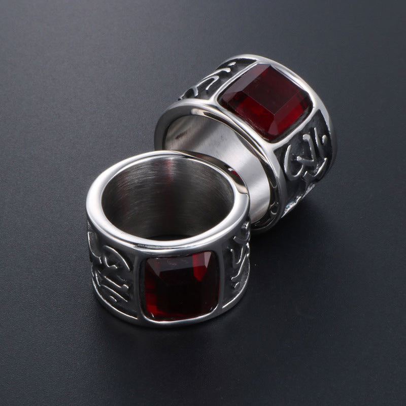 Men's Wide Titanium Steel Ring with Six-Character Mantra and Red Zircon