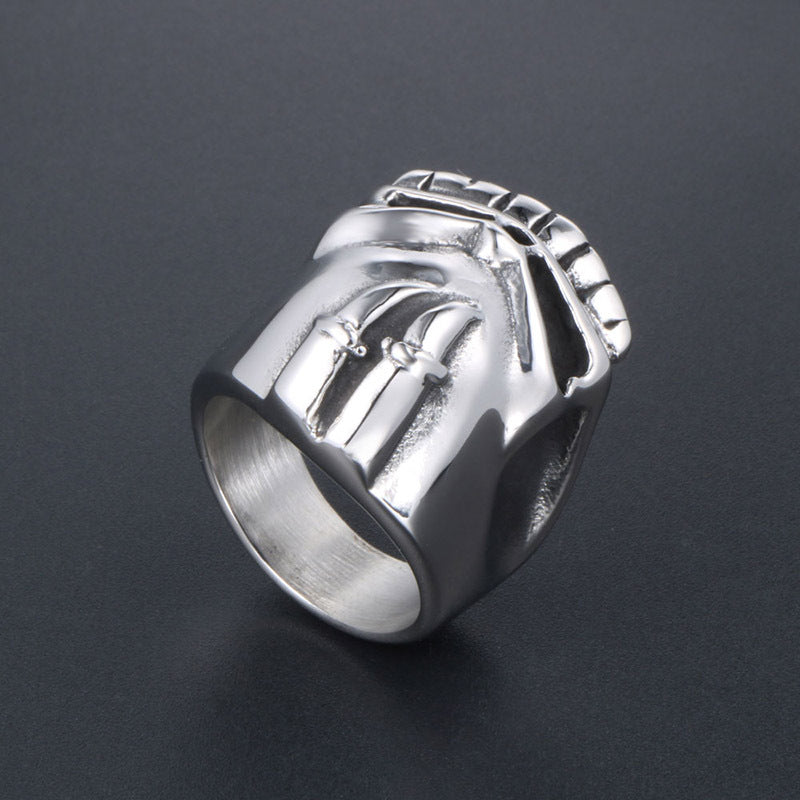 Titanium Steel Half Skull Ring with Embossed Double Swords for Rock-style Men