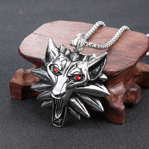 Titanium Steel Wolf Head Pendant with Wizard Red Eyes - Dominating Men's Jewelry
