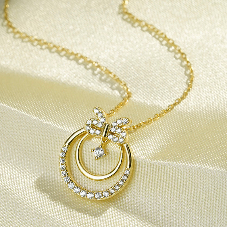 Korean Girly S925 Sterling Silver Geometric Bow Pendant Necklace