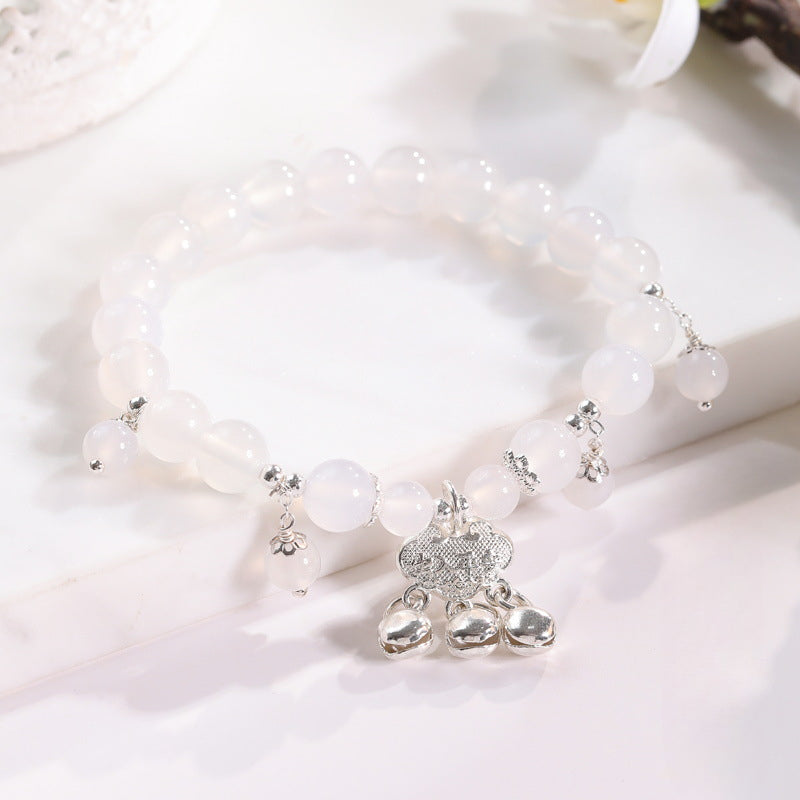Fortune's Favor Natural Pink Crystal and White Agate Bell Bracelet