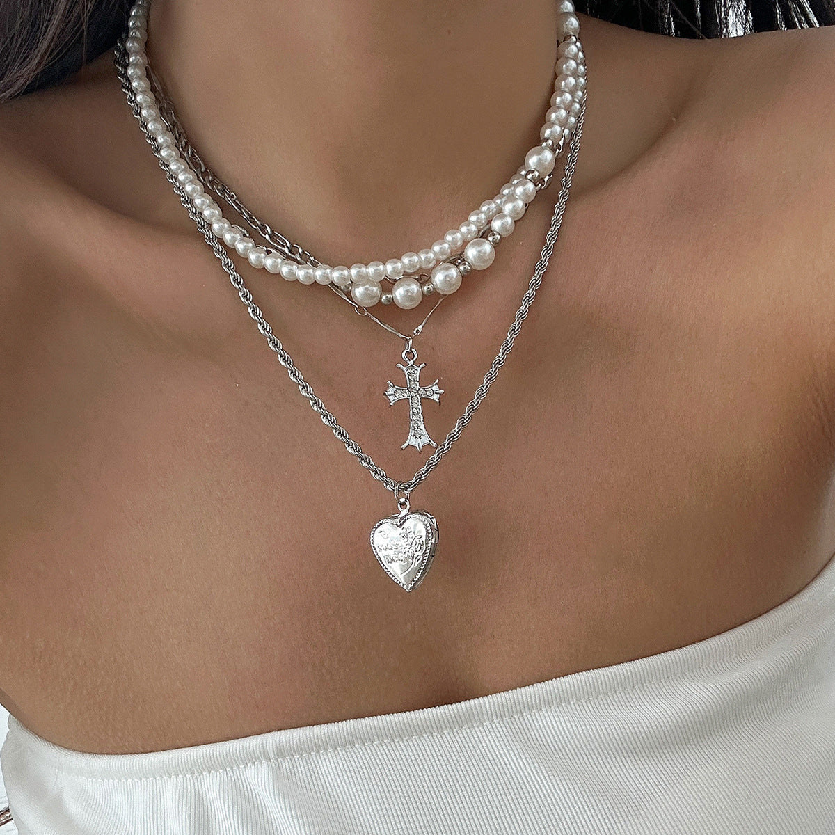 Pearl Cross Heavy Layered Choker