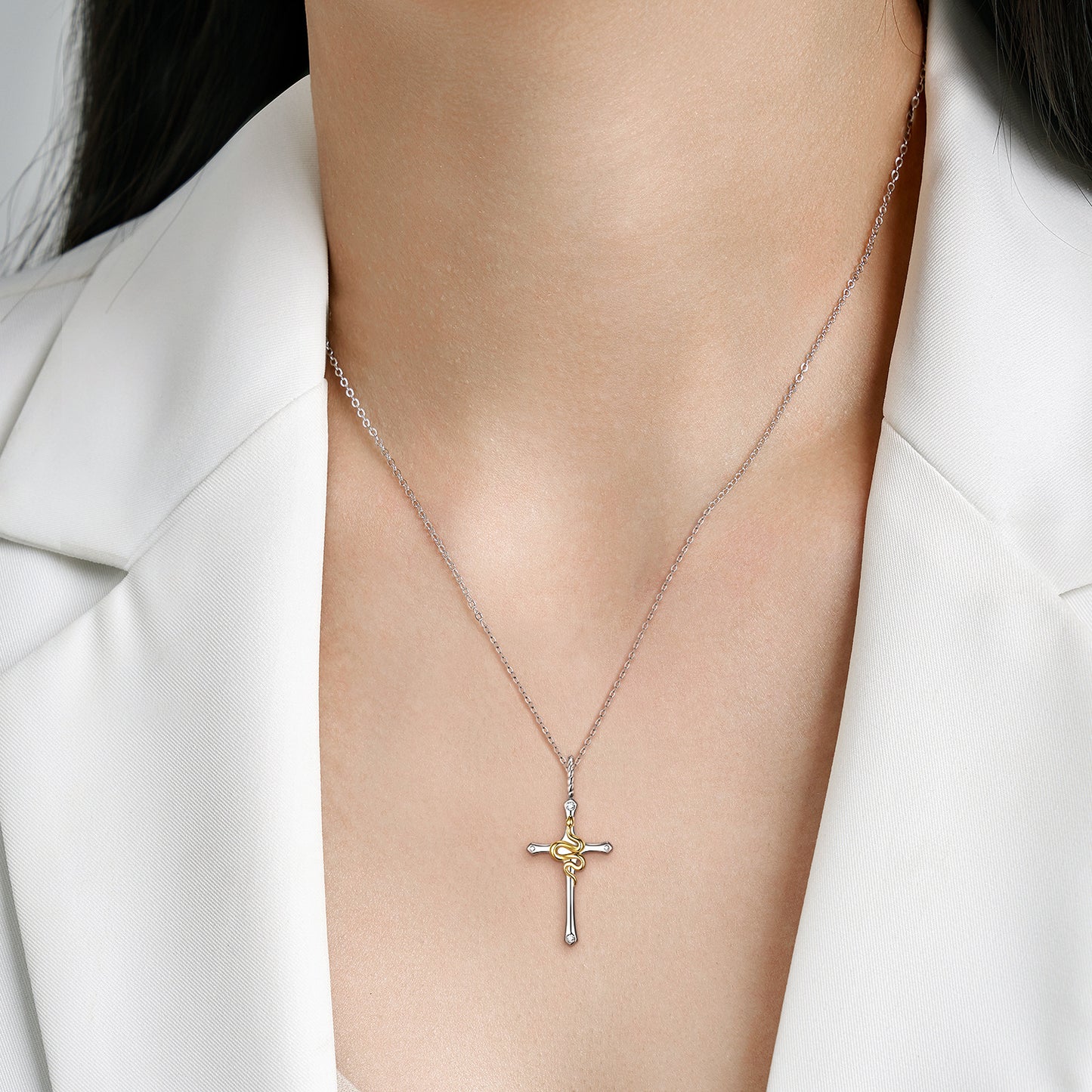 Cross with Golden Snake Silver Necklace