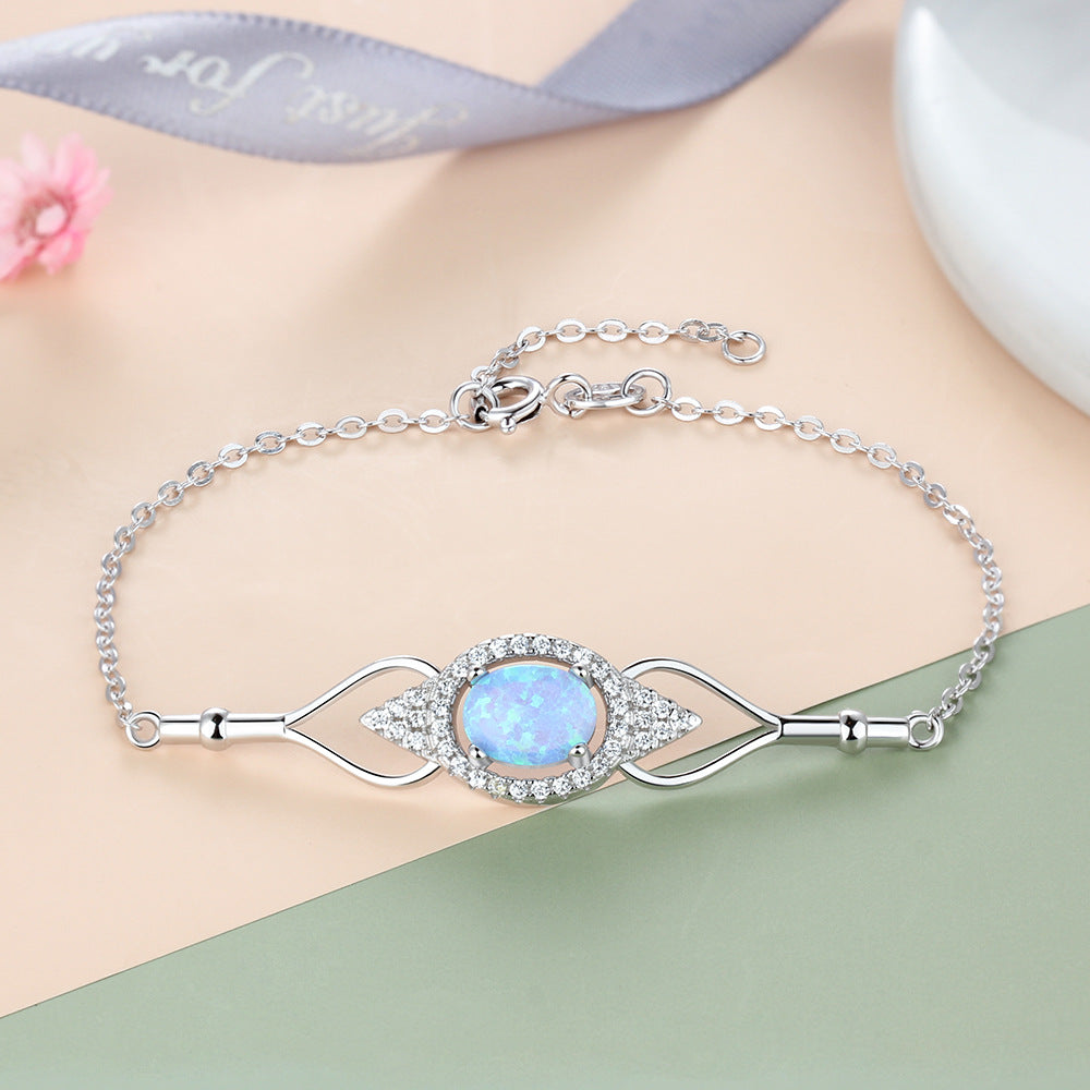 Blue Round Opal Marquise Design Zircon Sterling Silver Bracelet