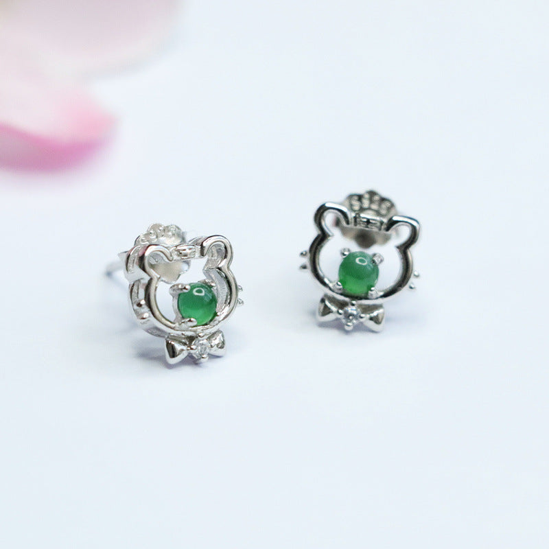 S925 Sterling Silver Ice Emperor Green Jade Little Tiger Stud Earrings