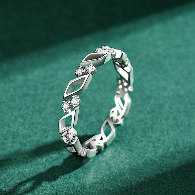 S925 Sterling Silver Geometric Hollow Ring with Zircon, Japanese and Korean Design