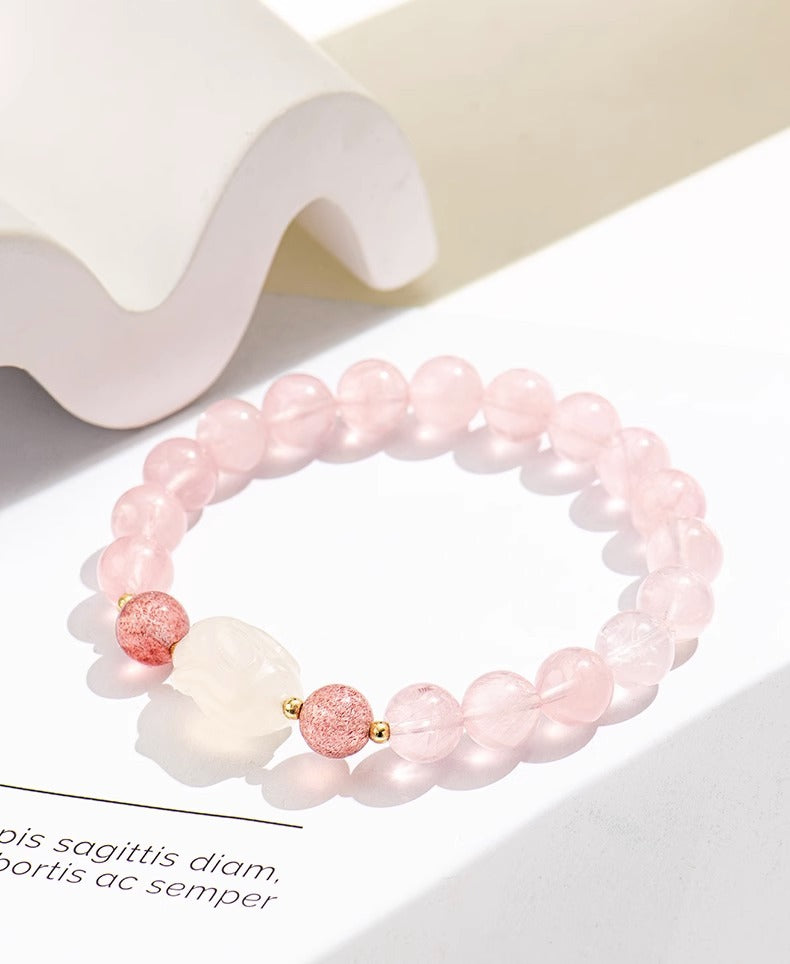 Cute Pink Crystal Rabbit Bracelet for Girlfriend - Sterling Silver Jelly Plate Play Jewelry