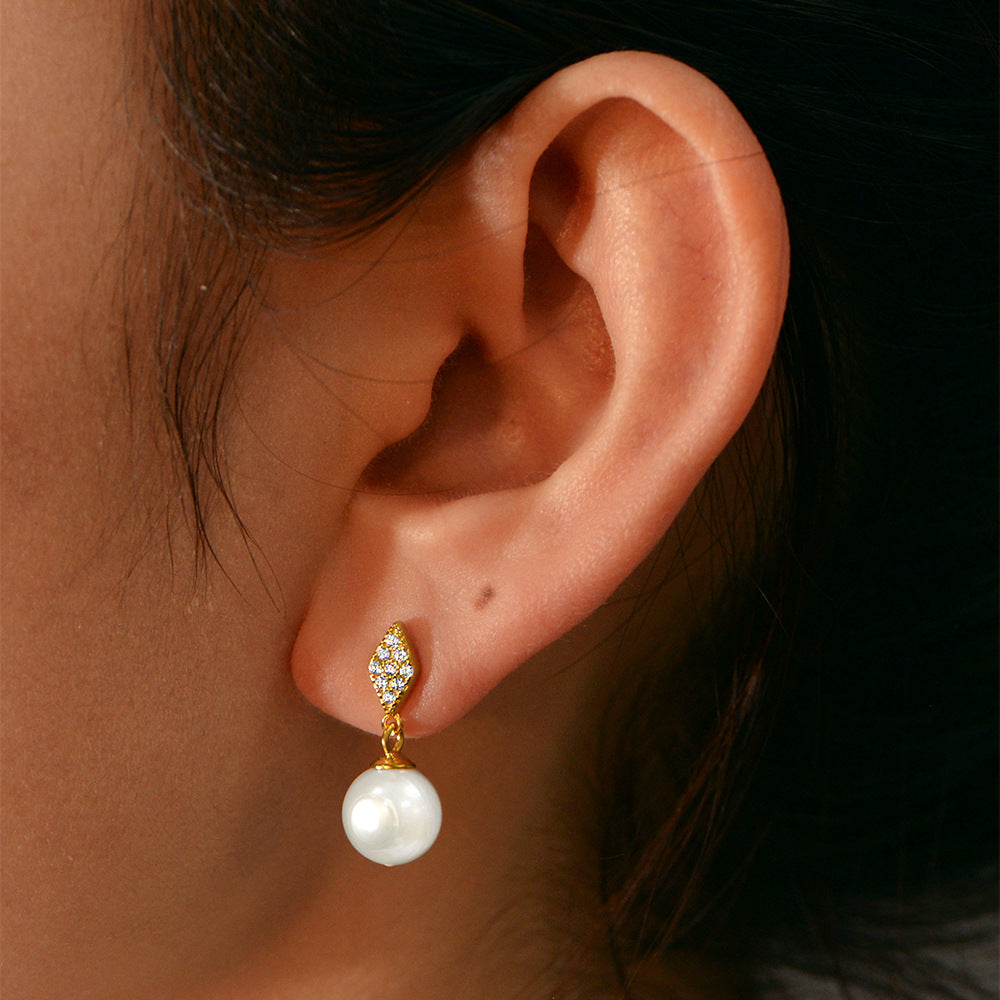 Planderful S925 Sterling Silver Geometric Rhombus Pearl Zircon Drop Earrings For Women