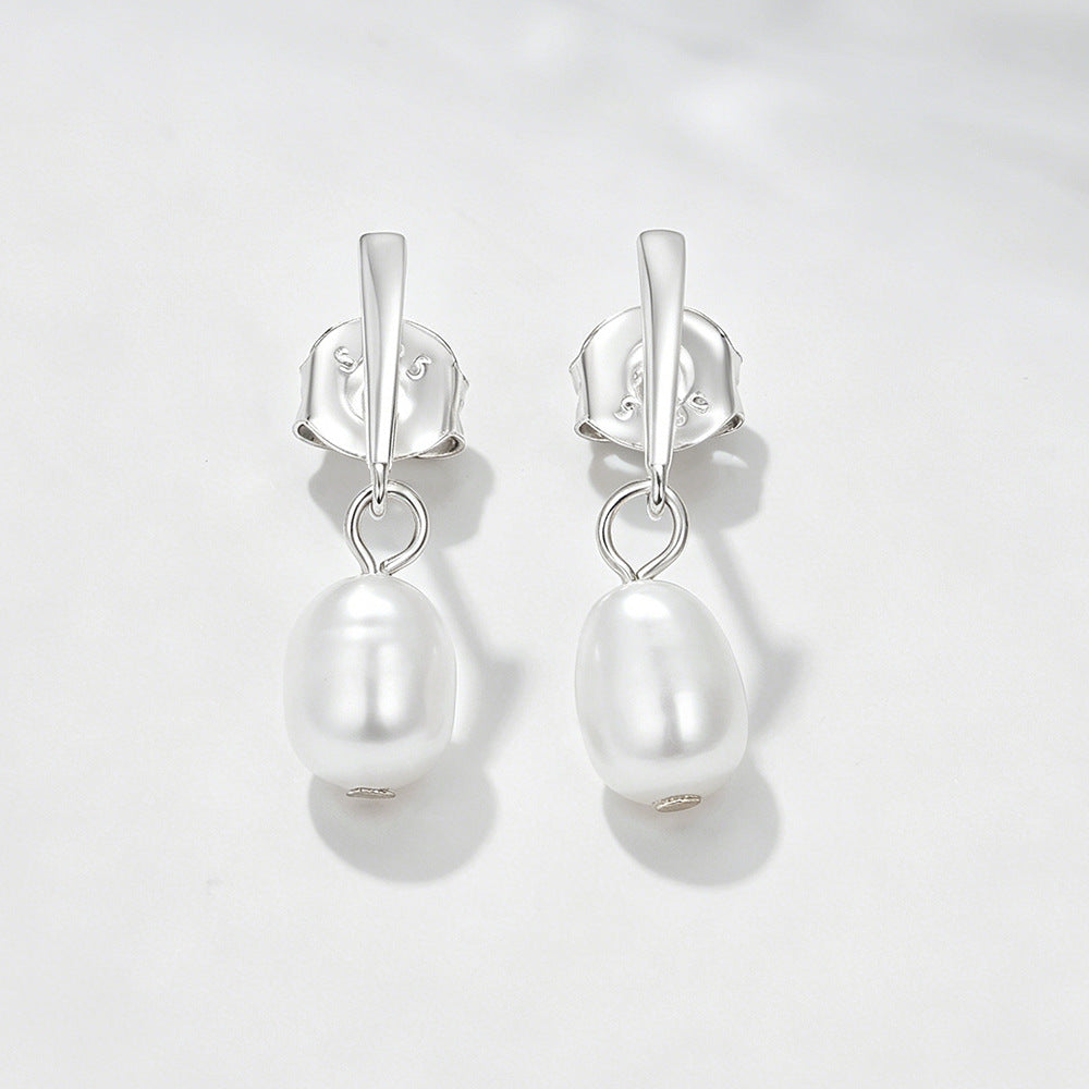 S925 Sterling Silver Freshwater Pearl Stud Earrings Femininity Cold Wind Geometric Pearl Earrings