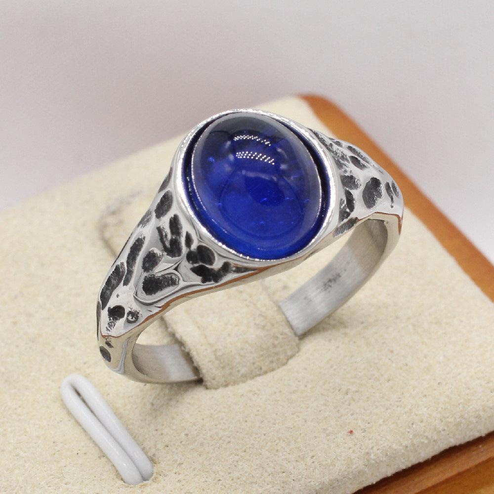 Planderful Titanium Steel Ring For Men Unisex Retro Oval Stone Statement Jewelry