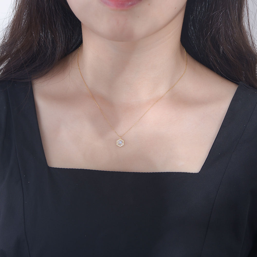 Retro Minimalist Geometric Hexagonal Natural Moonstone Pendant Necklace High-End