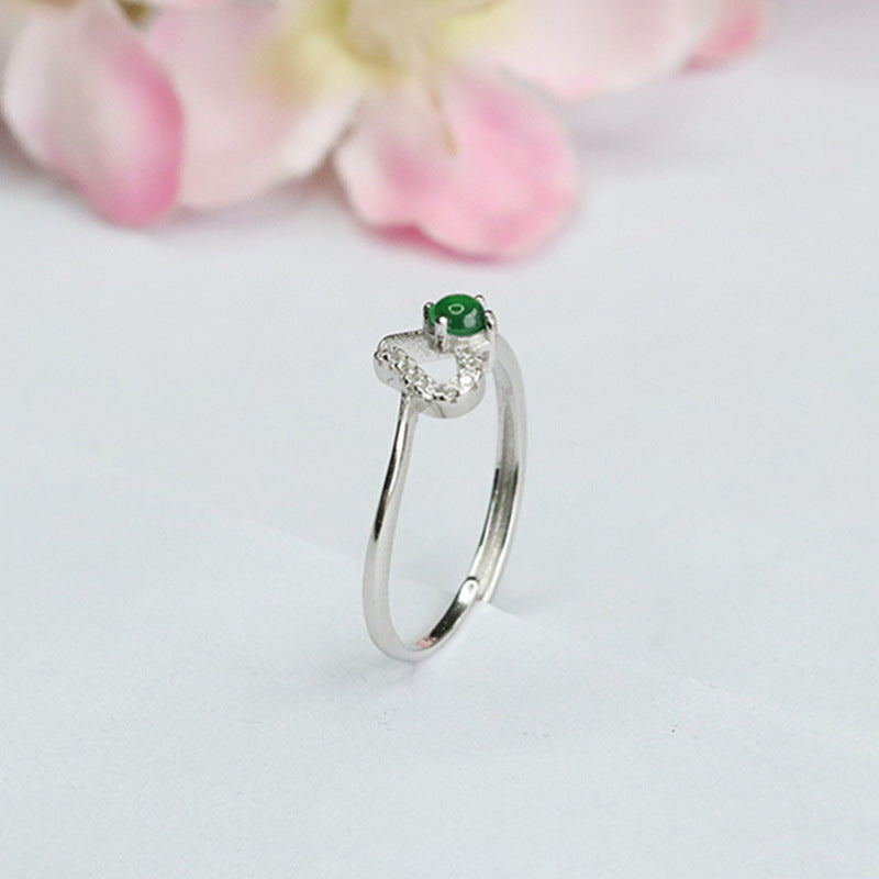 Love Hollow Ring with Natural Ice Emperor Green Jade in Sterling Silver