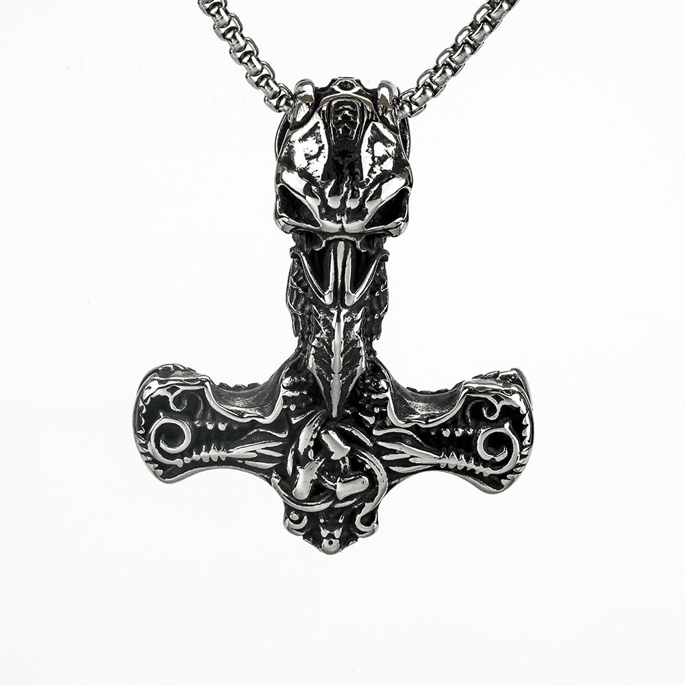 European And American Jewelry Wholesale Titanium Steel Pendant Men's Stainless Steel Necklace Retro Viking Crow Thor Hammer
