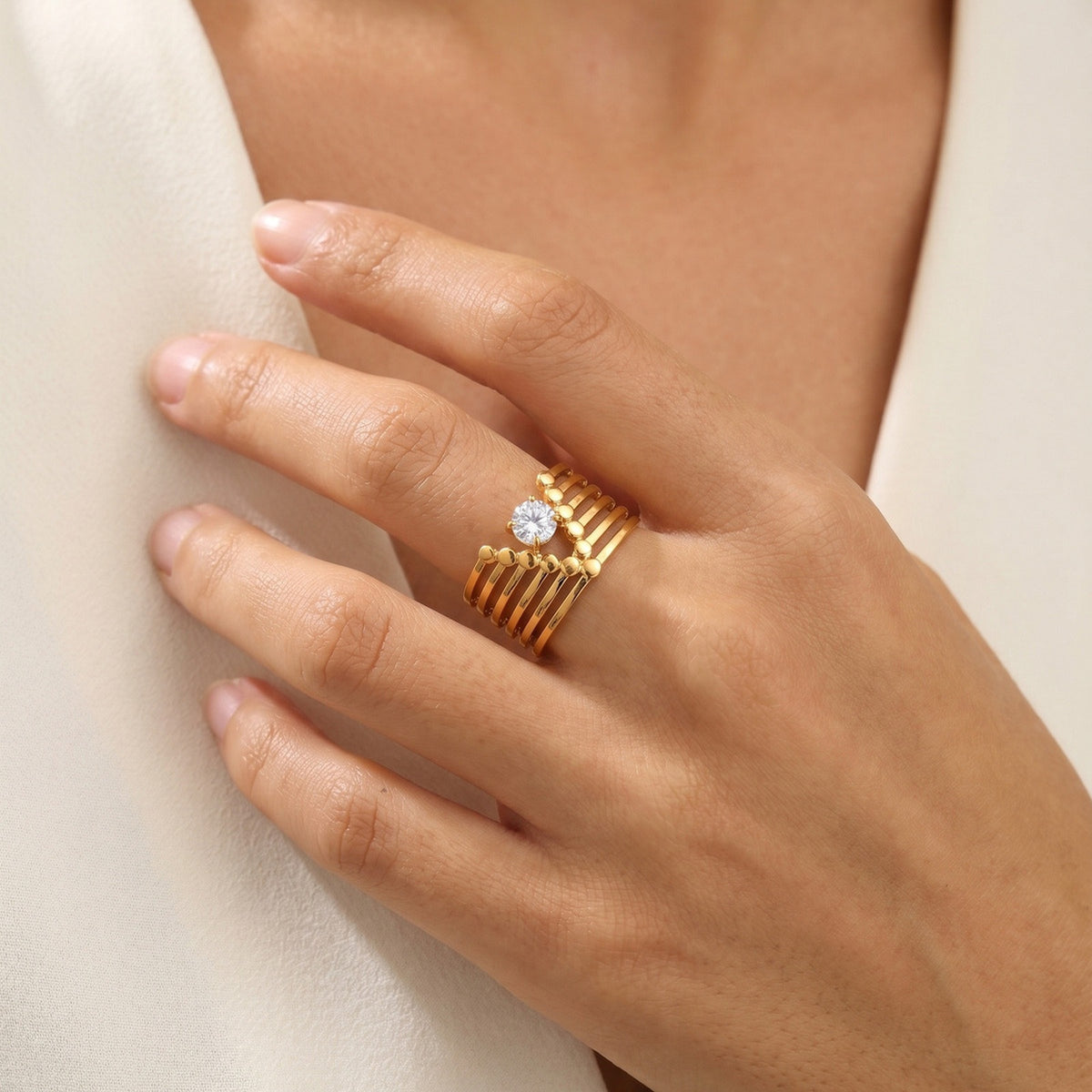 Ladies Gold Stainless Steel V-Shaped White Zirconium Open Ring Rhombus
