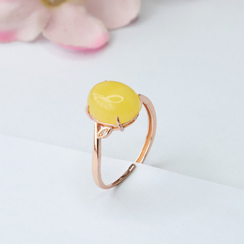 Zircon Leaf Sterling Silver Beeswax Amber Ring with Adjustable Diameter