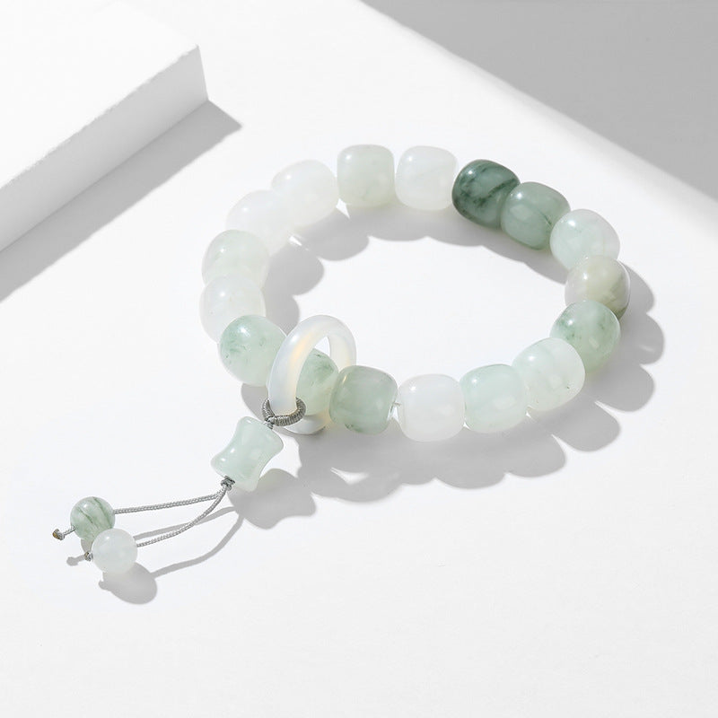 Natural Tianshan Jade Chalcedony Beaded Bracelet with Sterling Silver Charm