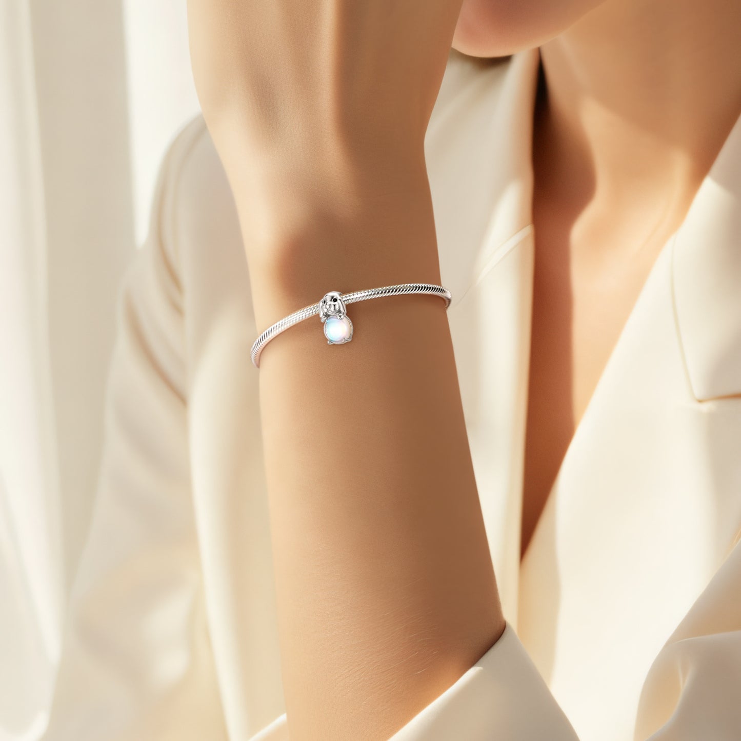 Planderful Jewelry Moonstone Sterling Silver Beaded Bracelet With Delicate Rabbit Charm