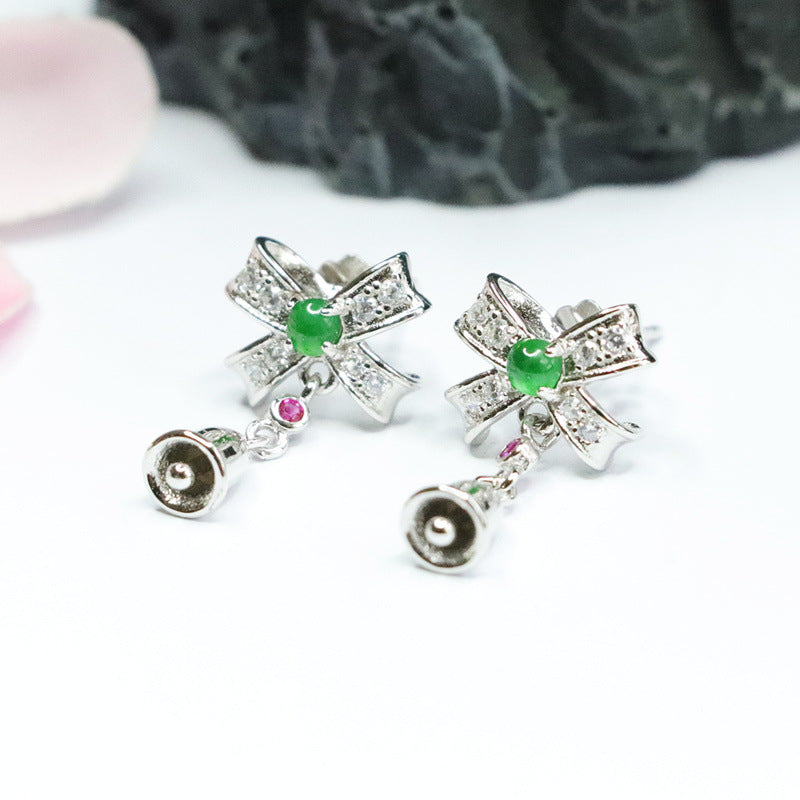 Elegant S925 Sterling Silver Bow Tassel Earrings with Ice Emperor Green Jadeite